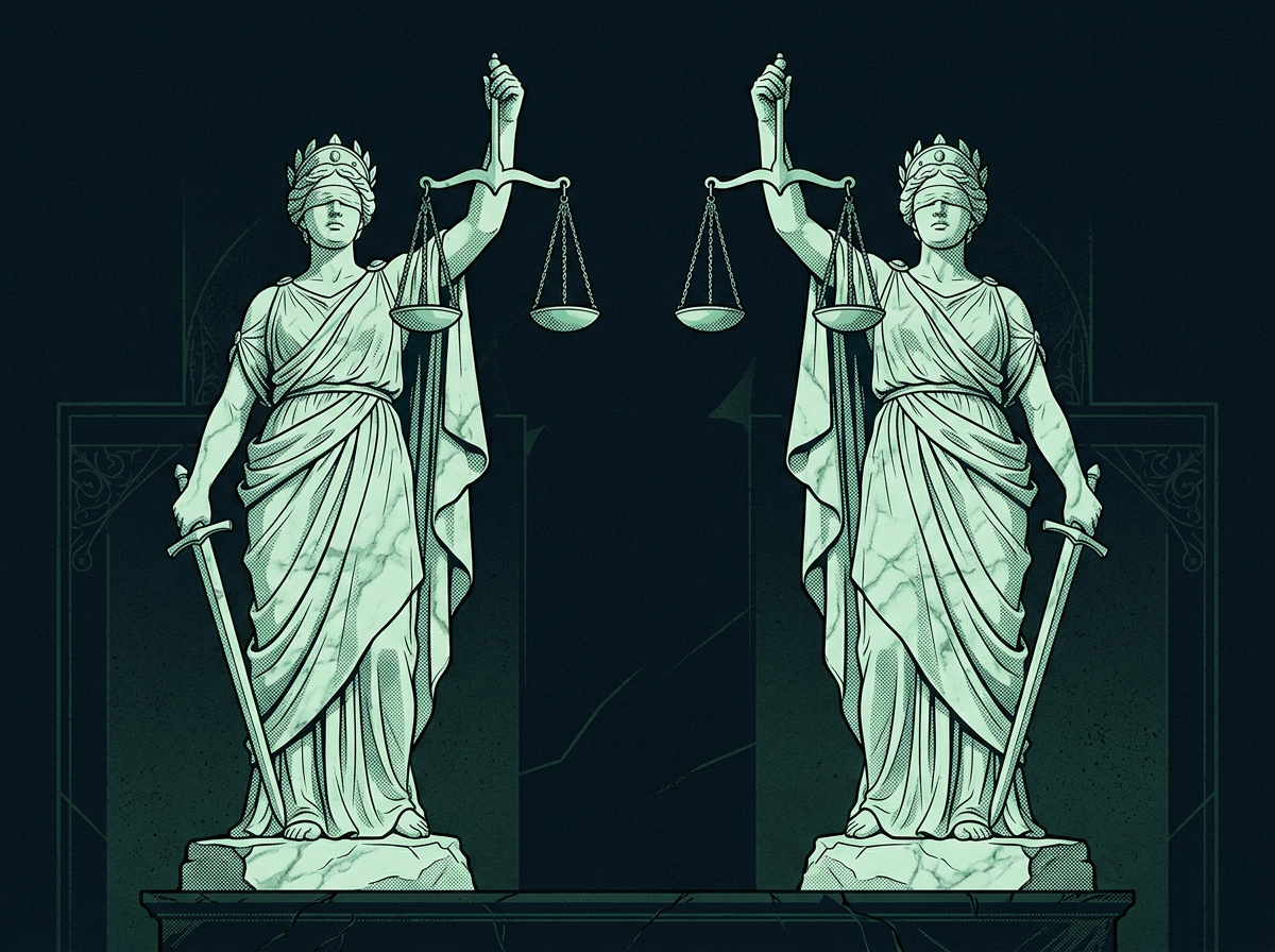 Illustration of two marble statues of blindfolded Justice holding scales, on a dark ground