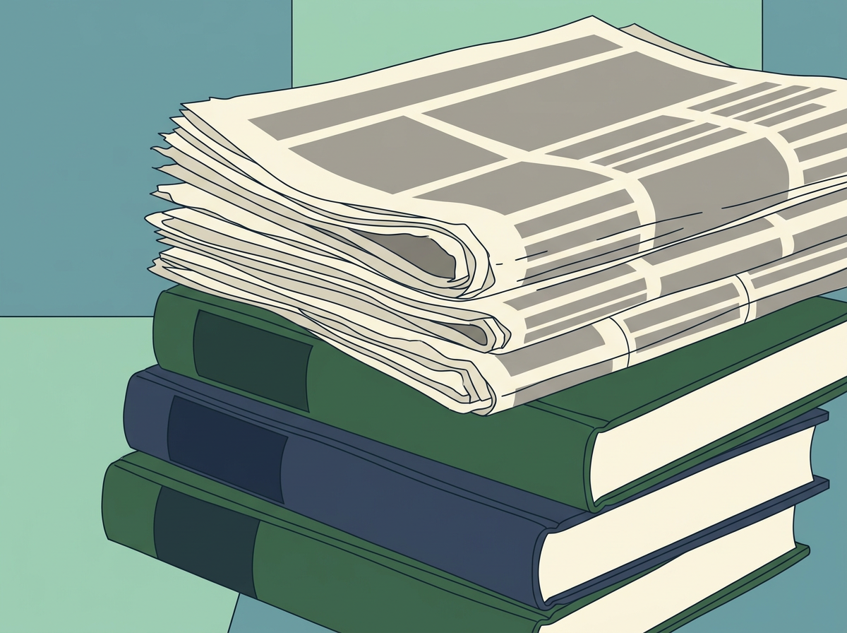 Illustration of a stack of newspapers resting on three law books